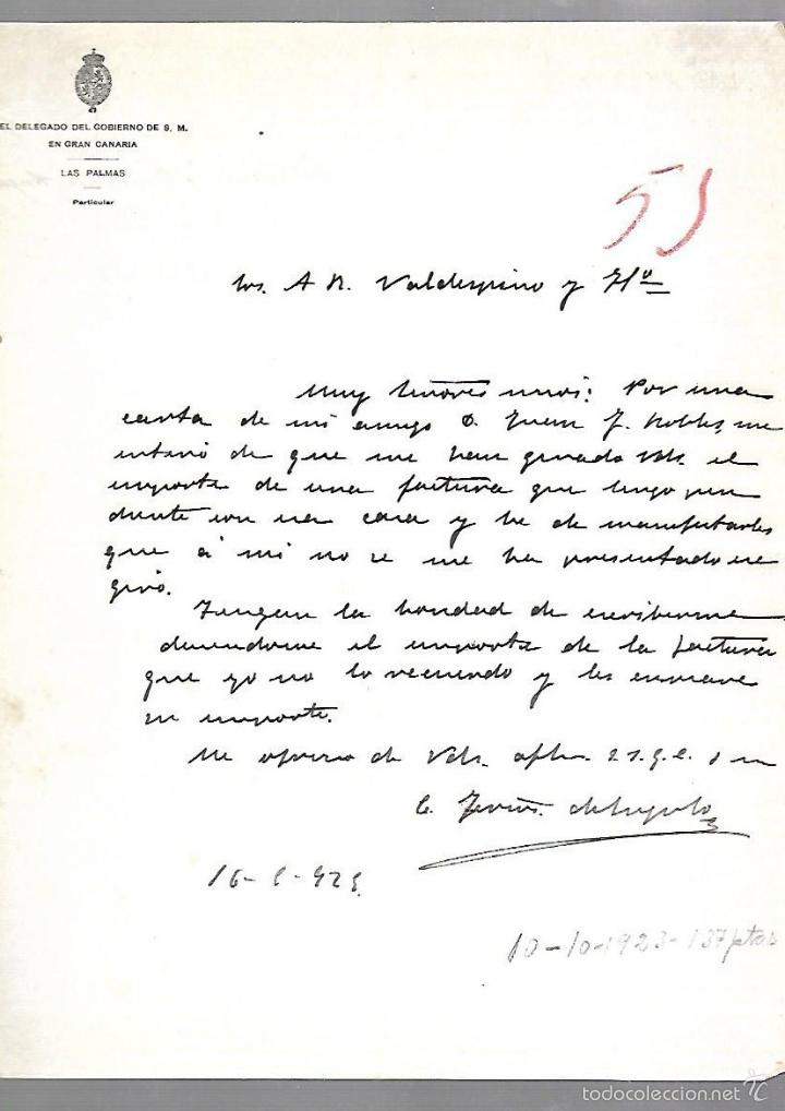Lettres commerciales: CARTA COMERCIAL. EL DELEGADO DEL GOBIERNO DEW S.M EN GRAN CANARIA. LAS PALMAS. 1925
