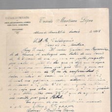Lettere commerciali: CARTA COMERCIAL. TOMAS MARTINEZ LOPEZ. VINOS, AGUARDIENTES, LICORES. ALHAMA DE ALMERIA. 1928