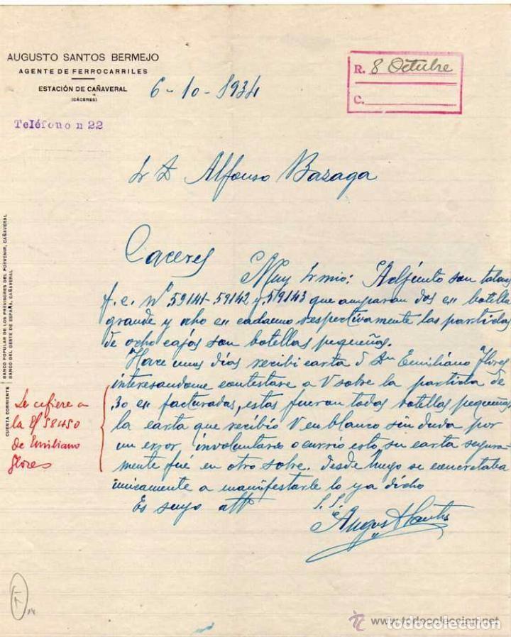 Lettere commerciali: Augusto Santos Bermejo, Agente de Ferrocarriles. Estaci&oacute;n de Ca&ntilde;averal. C&aacute;ceres