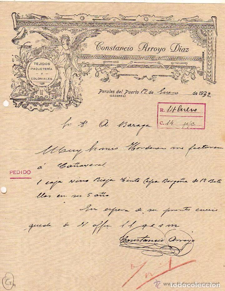 Lettres commerciales: Constancio Arroyo D&iacute;az. Tejidos, paqueter&iacute;a, etc. Perales del Puerto. C&aacute;ceres. Firma propietario