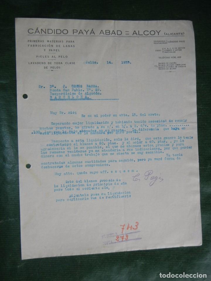 Cartas comerciales: CARTA COMERCIAL MEMBRETE CANDIDO PAYA ABAD, PRMERAS MATERIAS FAB.LANAS Y PAPEL, ALCOY, 1933