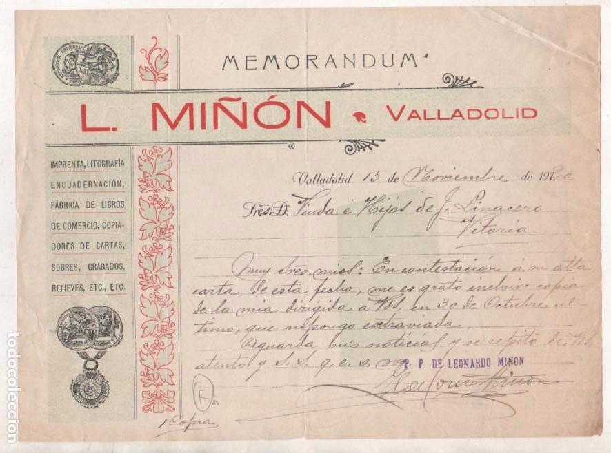 Lettere commerciali: Memorandum Libreria Mi&ntilde;on. Valladolid. Firma Leonardo Mi&ntilde;on.
