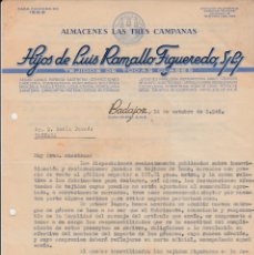 Cartas comerciales: CARTA COMERCIAL ALMACENES LAS TRES CAMPANAS DE HIJOS DE LUIS RAMALLO FIGUEREDO EN BADAJOZ -1946