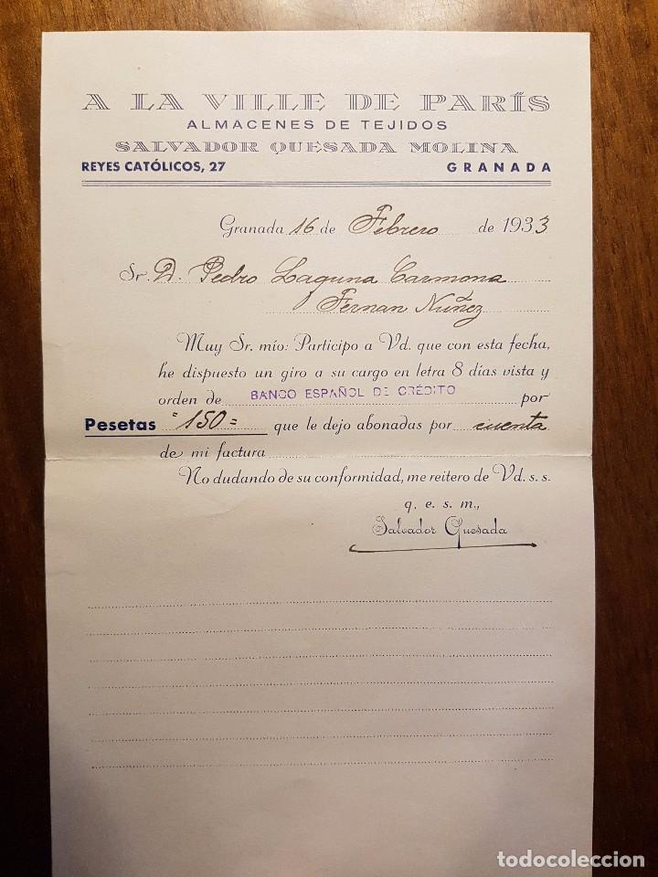 Lettres commerciales: CARTA COMERCIAL A LA VILLE DE PARIS-ALMACENES DE TEJIDOS-SALVADOR QUESADA MOLINA-GRANADA 16-2-1933