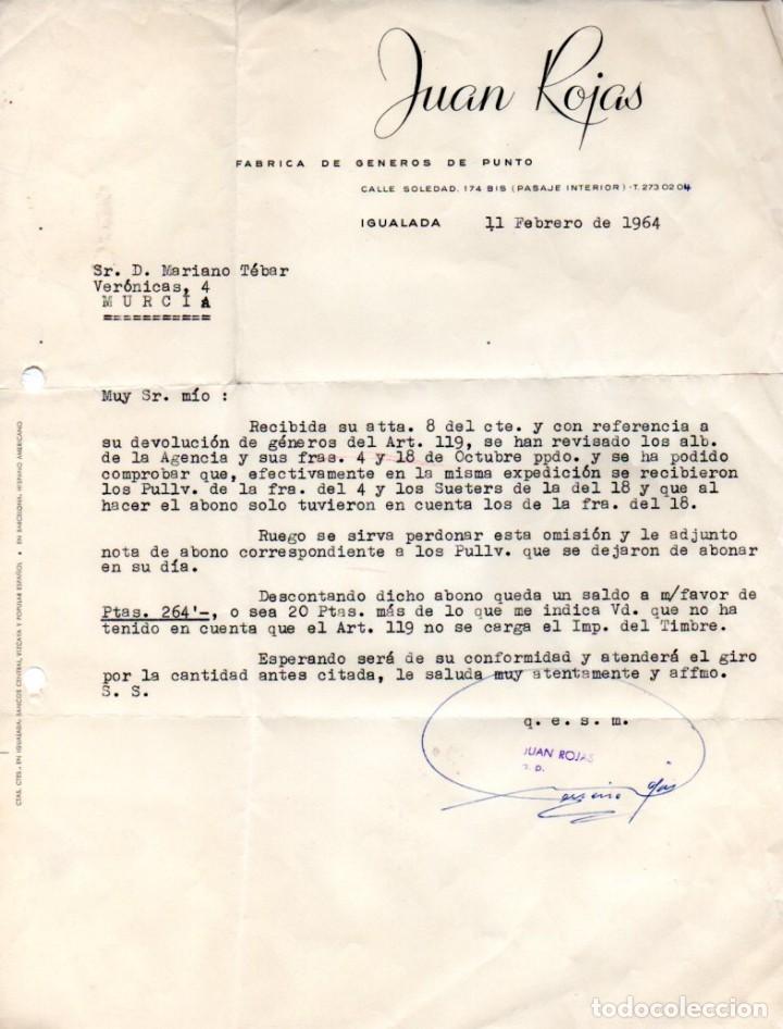 Lettere commerciali: CARTA COMERCIAL JUAN ROJAS, FABRICA DE GENEROS DE PUNTO, IGUALADA,1964.