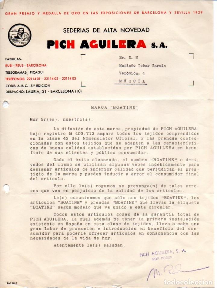 Lettere commerciali: CARTA COMERCIAL PICH AGUILERA,S.A, SEDERIAS DE ALTA NOVEDAD, BARCELONA.