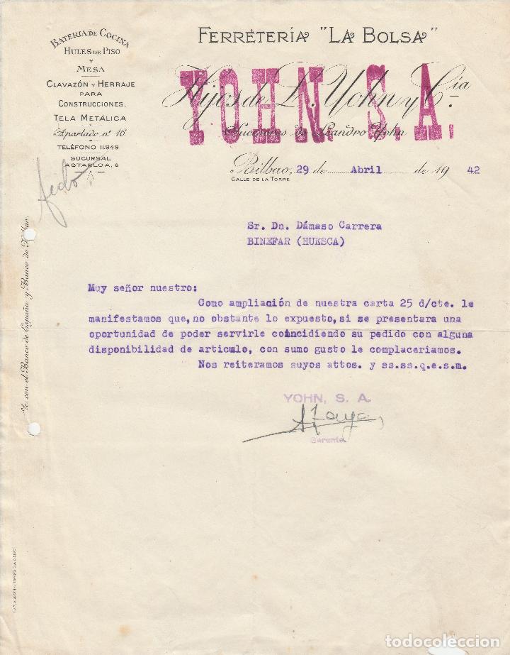 Cartas comerciales: CARTA COMERCIAL. FERRETER&Iacute;A LA BOLSA. BATER&Iacute;A DE COCINA. HULES DE PISO. BILBAO 1942.