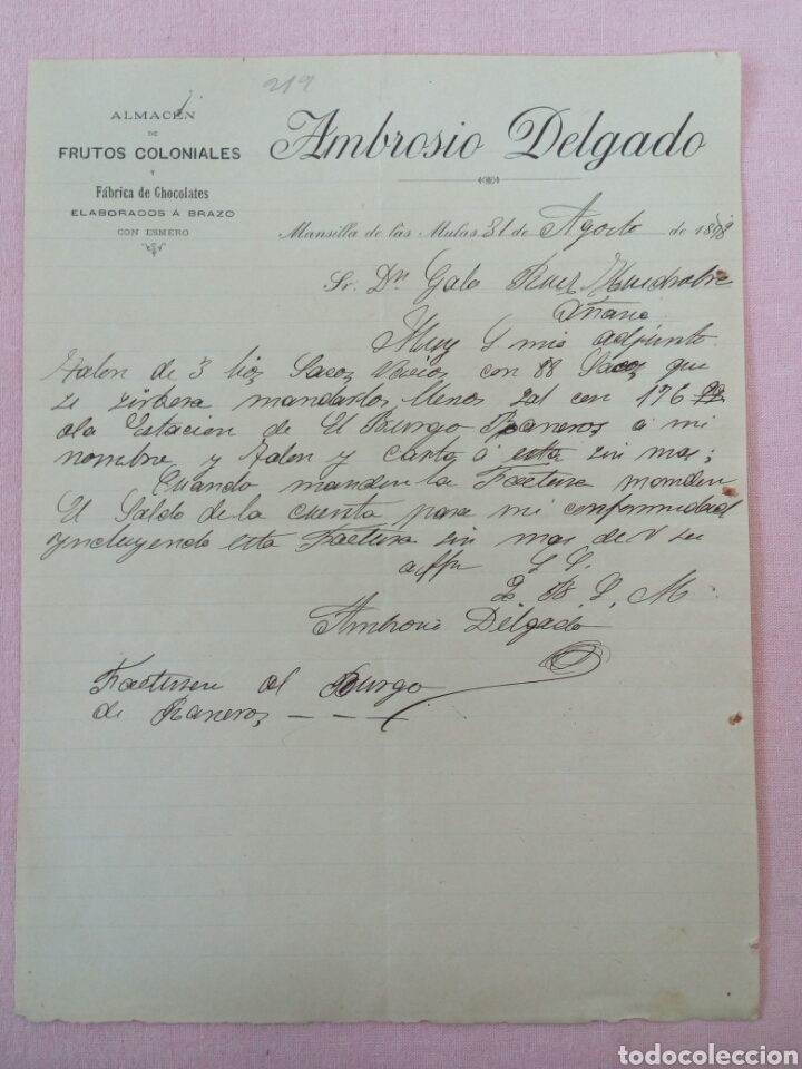 Gesch&auml;ftsbriefe: CARTA COMERCIAL F&Aacute;BRICA DE CHOCOLATE AMBROSIO DELGADO - MANSILLA DE LAS MULAS - LEON - 1898