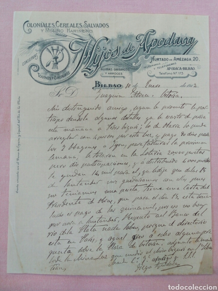 Gesch&auml;ftsbriefe: CARTA COMERCIAL COLONIALES HIJOS DE APODACA - BILBAO - 1912