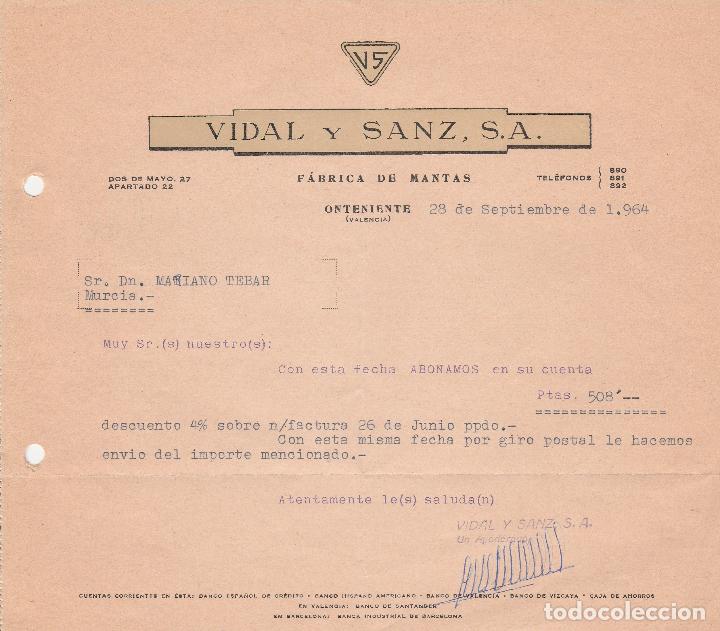 Cartas comerciais: CARTA COMERCIAL. VIDAL Y SANZ, S.A.  ONTENIENTE-VALENCIA. 1964.