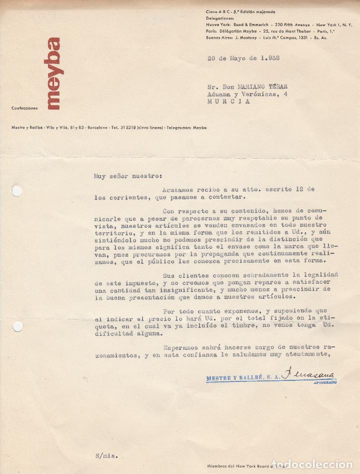 Lettres commerciales: CARTA COMERCIAL. CONFECCIONES MEYBA. BARCELONA. 1958.