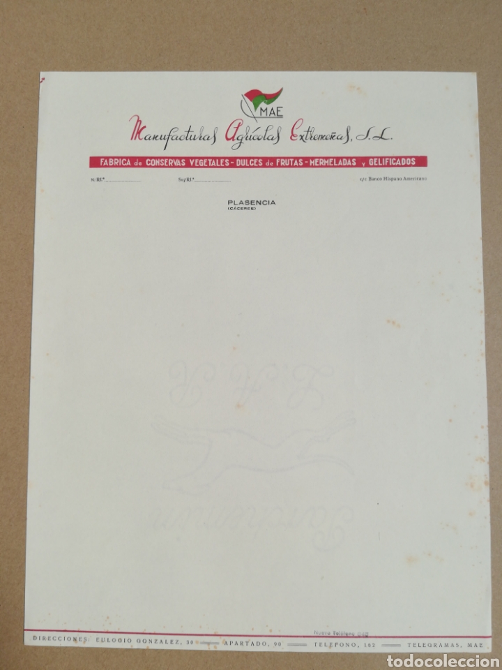 Gesch&auml;ftsbriefe: CARTA COMERCIAL FACTURA FABRICA DE CONSERVAS MAE - PLASENCIA - CACERES