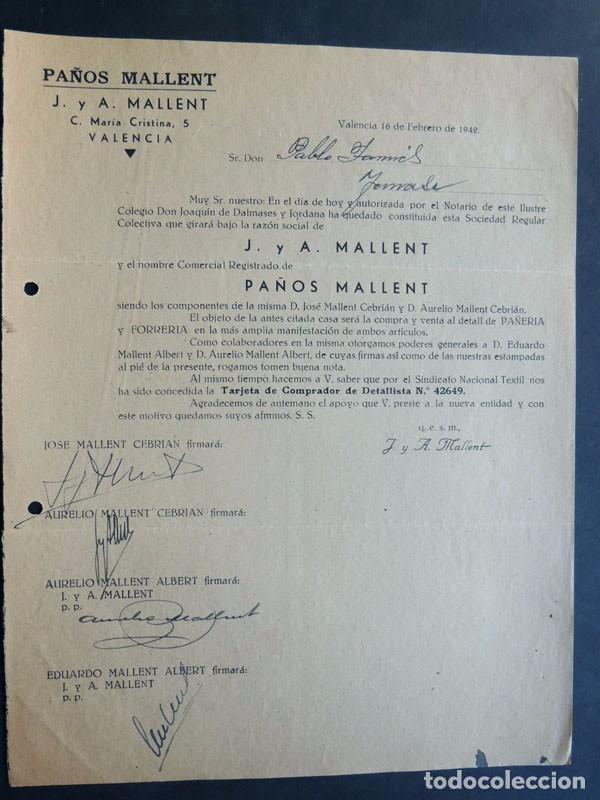 Cartas comerciales: PA&Ntilde;OS MALLENT / VALENCIA 1942 - Foto 1