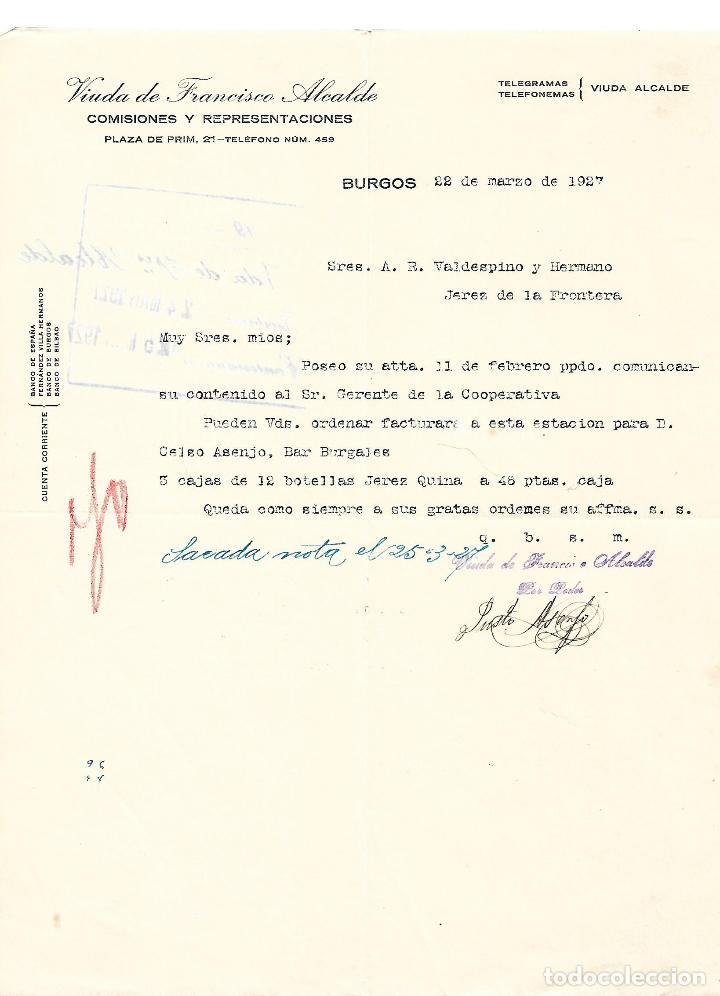 Cartas comerciales: Carta comercial. Viuda de Francisco Alcalde. Comisiones y representaciones. Burgos. Espa&ntilde;a 1927