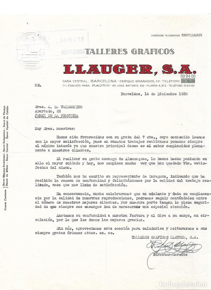 Cartas comerciales: Carta comercial. Llauguer, S.A. Talleres Gr&aacute;ficos. Barcelona. Espa&ntilde;a 1953