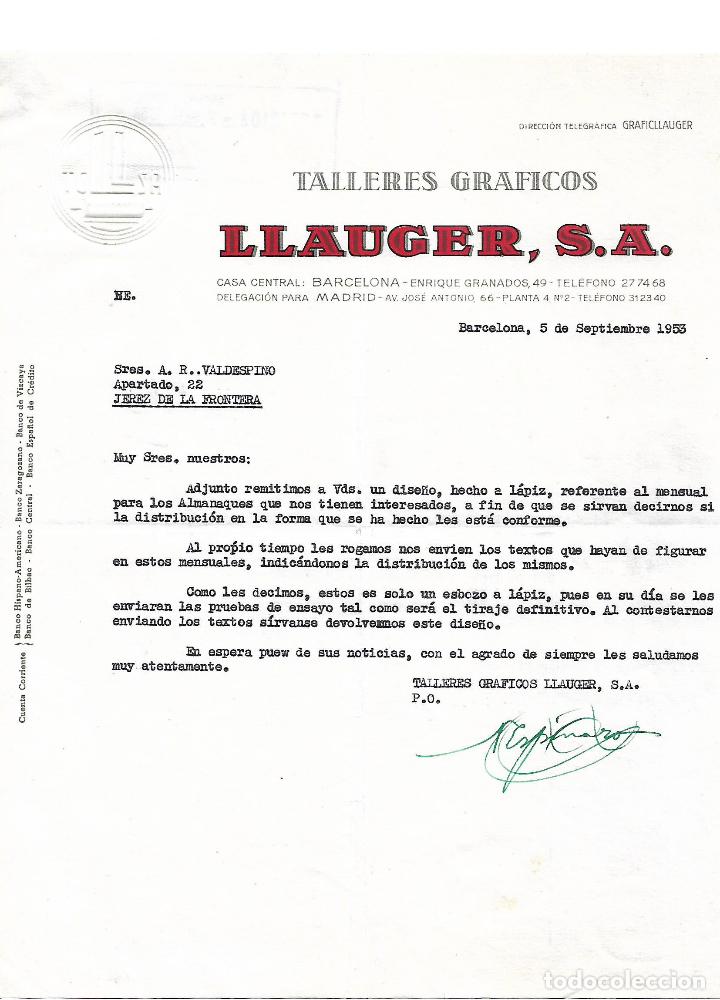 Cartas comerciales: Carta comercial. Llauguer, S.A. Talleres Gr&aacute;ficos. Barcelona. Espa&ntilde;a 1953