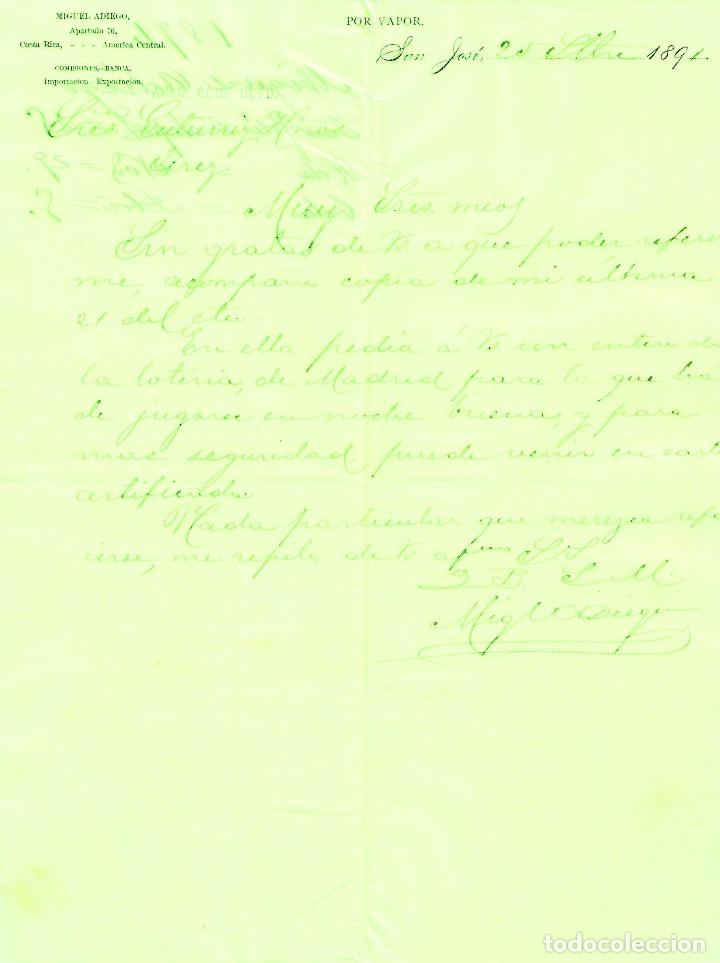 Cartas comerciales: Carta comercial. Miguel Adiego. Importaci&oacute;n- Exportaci&oacute;n. San Jos&eacute; de Costa Rica 1891