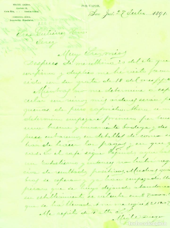 Cartas comerciales: Carta comercial. Miguel Adiego. Importaci&oacute;n- Exportaci&oacute;n. San Jos&eacute; de Costa Rica 1891