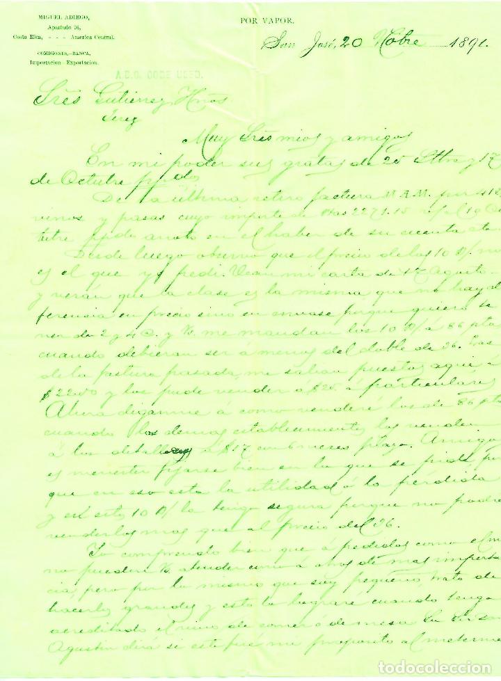 Cartas comerciales: Carta comercial. Miguel Adiego. Importaci&oacute;n- Exportaci&oacute;n. San Jos&eacute; de Costa Rica 1891