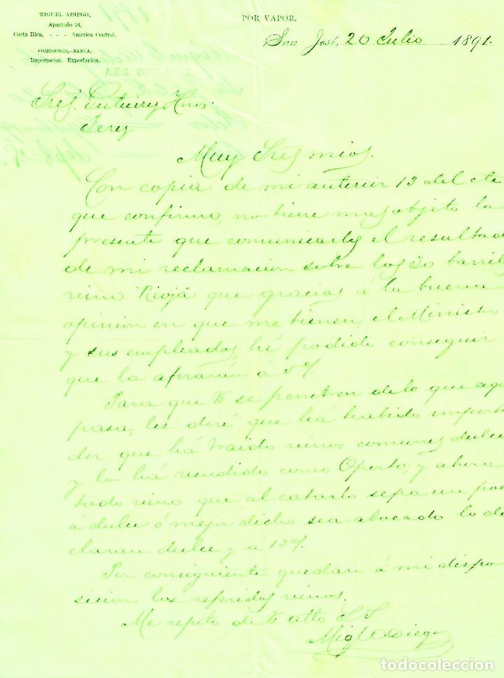 Cartas comerciales: Carta comercial. Miguel Adiego. Importaci&oacute;n- Exportaci&oacute;n. San Jos&eacute; de Costa Rica 1891