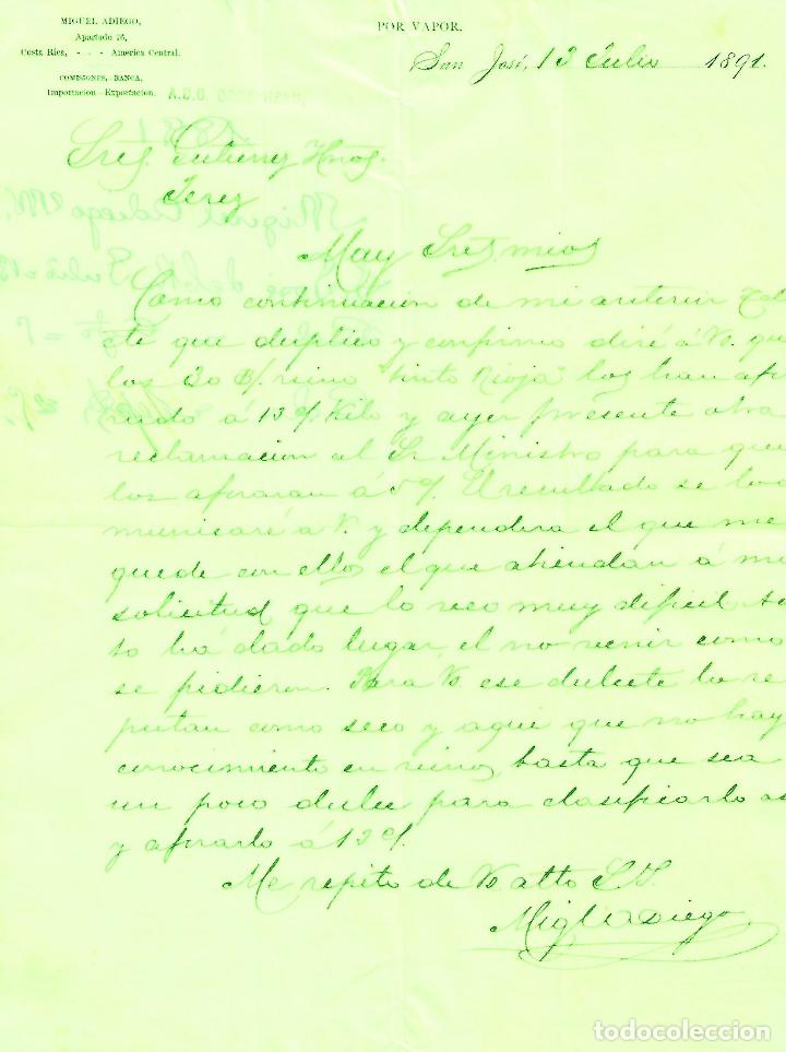 Cartas comerciales: Carta comercial. Miguel Adiego. Importaci&oacute;n- Exportaci&oacute;n. San Jos&eacute; de Costa Rica 1891