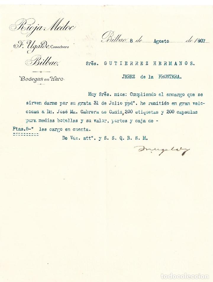 Cartas comerciais: carta comercial. Rioja Medoc. Cosechero. Bilbao. Espa&ntilde;a 1907
