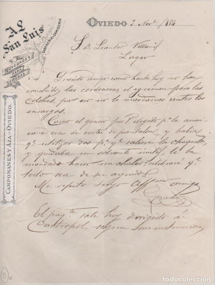 Commercial Letters: Al San Luis Oviedo. 1884 Camiseria y sastreria. Firma del propietario Gerardo. Tama&ntilde;o folio.