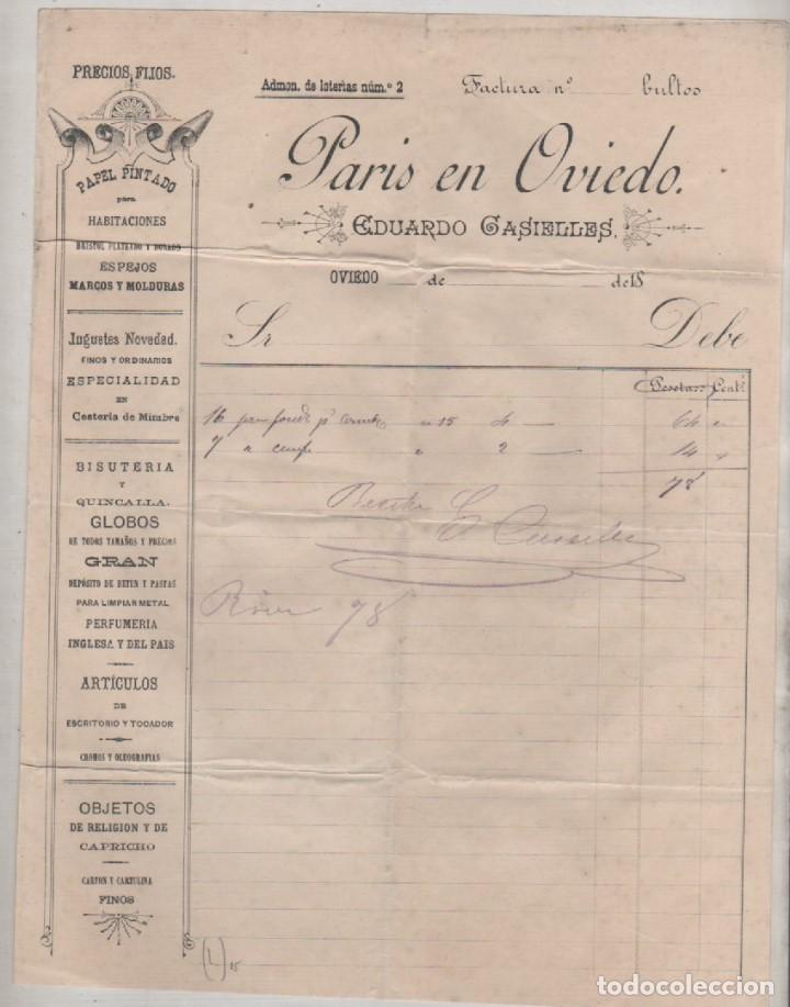 Cartas comerciais: Paris en Oviedo. Papel pintado, juguetes, bisuteria, globos, objetos de religi&oacute;n, espejos. Etc