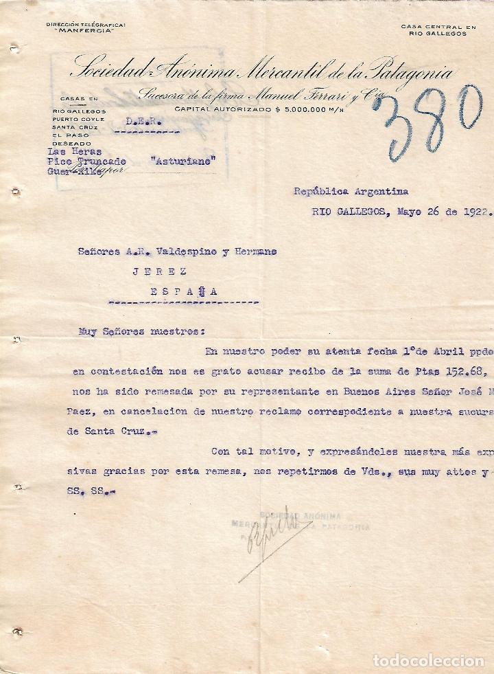 Cartas comerciales: Carta comercial.Sociedad An&oacute;nima Mercantil de Patagonia.Sucesora de Manuel Ferrari. Argentina 1922