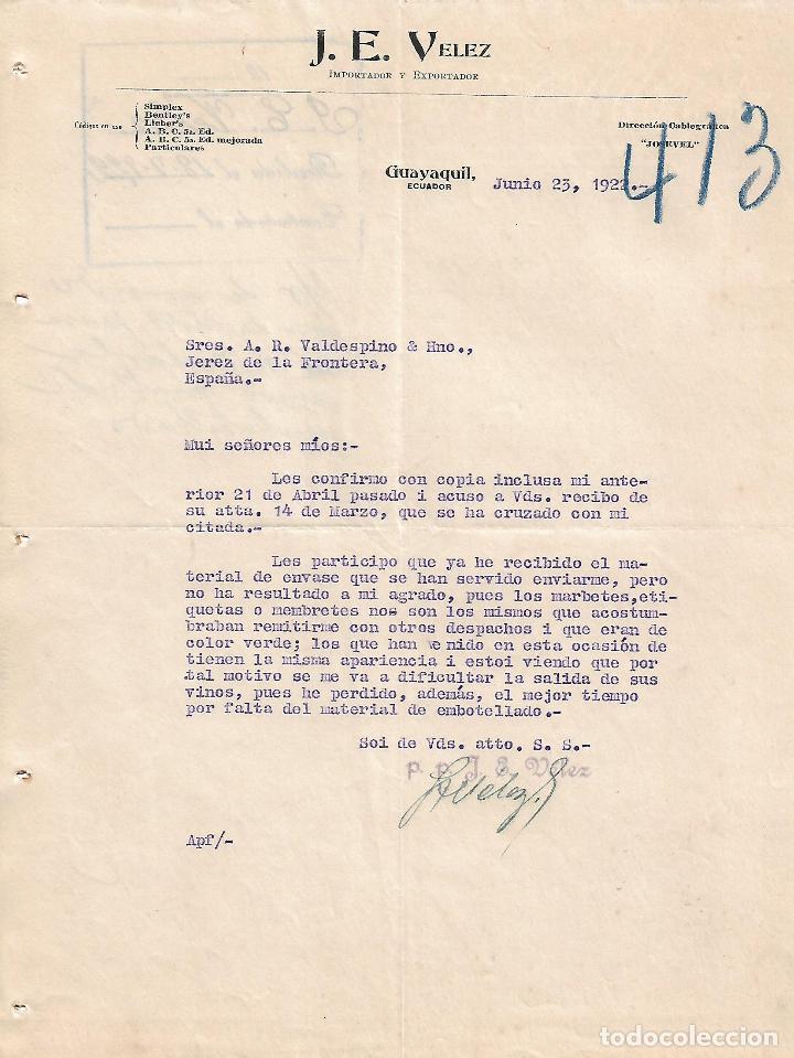 Lettres commerciales: Carta comercial. J.E.Velez. Importador y Exportador. Guayaquil. Ecuador 1922