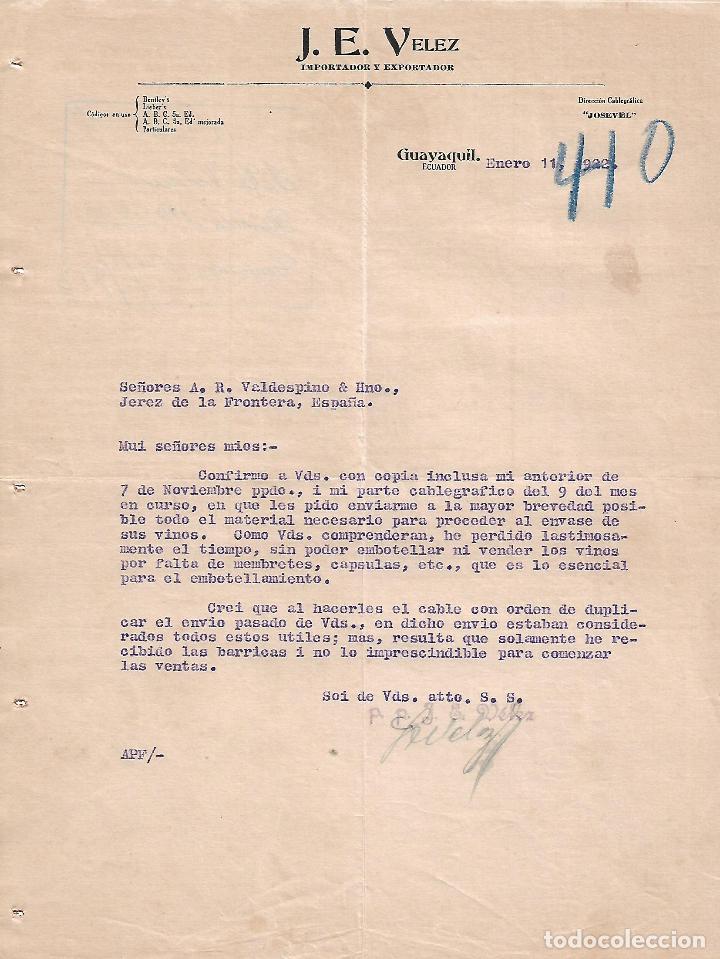 Lettres commerciales: Carta comercial. J.E.Velez. Importador y Exportador. Guayaquil. Ecuador 1922