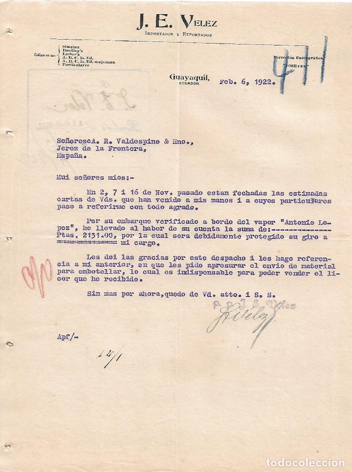 Lettres commerciales: Carta comercial. J.E.Velez. Importador y Exportador. Guayaquil. Ecuador 1922
