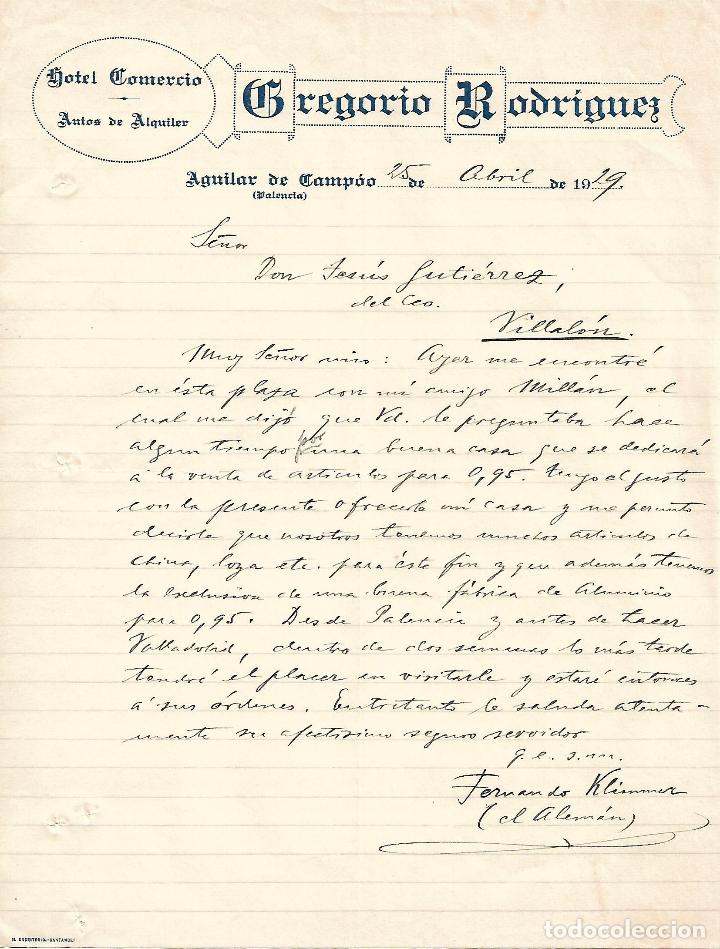 Lettres commerciales: Carta comercial. Gregorio Rodriguez. Hotel Comercio. Autos de alquiler. Valencia 1929