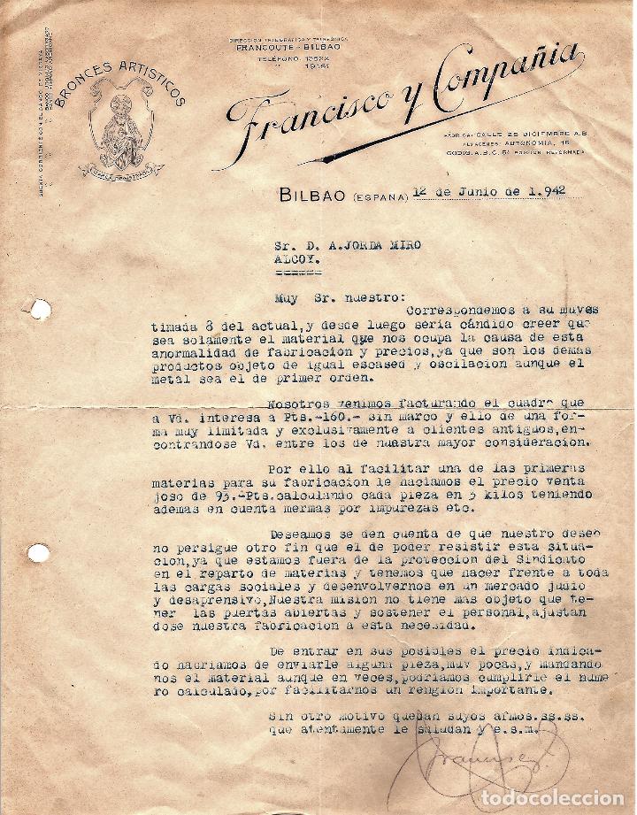Cartas comerciales: BILBAO - FRANCISCO Y COMPA&Ntilde;&Iacute;A, BRONCES ART&Iacute;STICOS - JUNIO 1942 - Foto 1