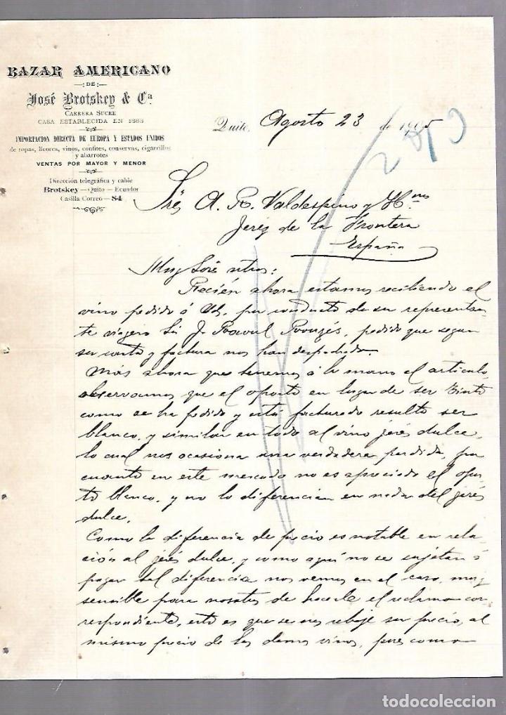 Lettere commerciali: CARTA COMERCIAL. BAZAR AMERICANO. JOSE BROTSKEY & CIA. 3 HOJAS. QUITO, ECUADOR. 1905