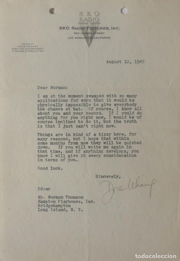 Gesch&auml;ftsbriefe: Dore Schary signed letter, August 12, 1947, RKO Radio Pictures.