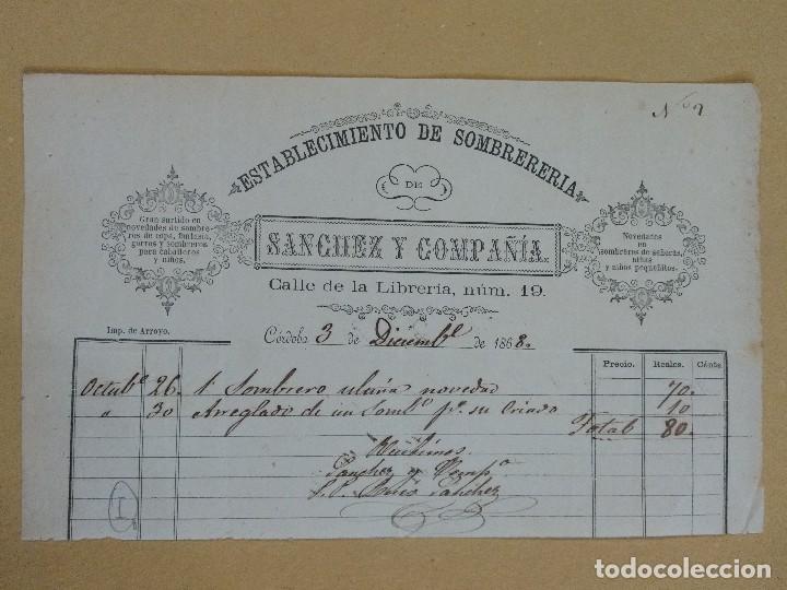 Lettere commerciali: Establecimiento de sombrerer&iacute;a. Sanchez y compa&ntilde;&iacute;a. Calle de la Liber&iacute;a 19 C&oacute;rdoba 1868 firma propie