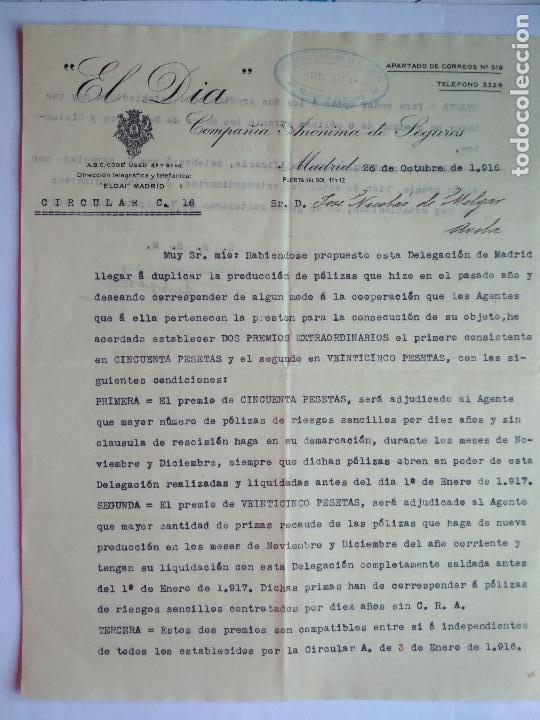 Gesch&auml;ftsbriefe: CARTA COMPA&Ntilde;IA ANONIMA DE SEGUROS, EL DIA, DELEGACION DE MADRID, OCTUBRE 1916
