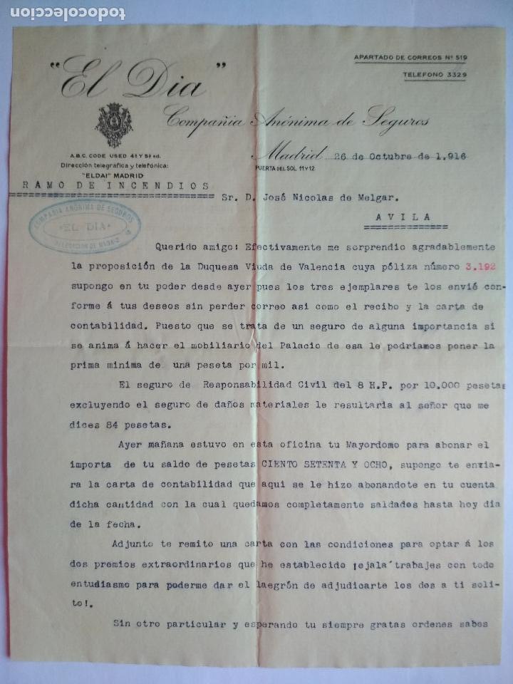 Gesch&auml;ftsbriefe: CARTA COMPA&Ntilde;IA ANONIMA DE SEGUROS, EL DIA, DELEGACION DE MADRID, OCTUBRE 1916