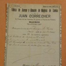 Cartas comerciales: FÁBRICA DE ASERRAR Y ALMACÉN DE MADERES DE CUENCA. JUAN CORRECHER. MADRID. 1908
