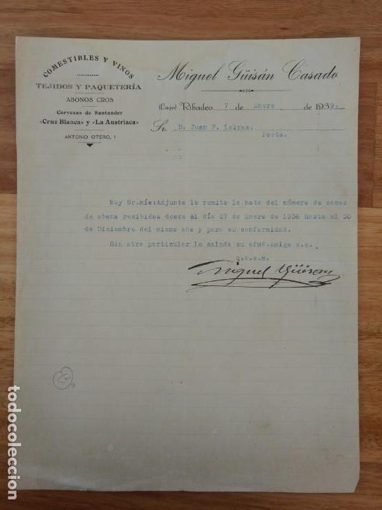 Cartas comerciais: Miguel G&uuml;is&aacute;n Casado Comestibles y vinos, Cerveza  la Cruz Blanca y la austricaca Ribadeo Lugo 1939