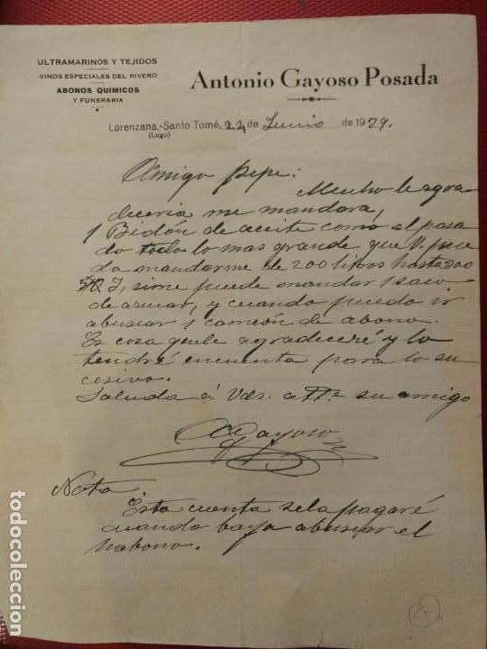 Lettres commerciales: Ultramarinos Antonio Gayoso Posada vinos, tejidos, abonos. Lorenzana Santo Tom&eacute; Lugo 1939