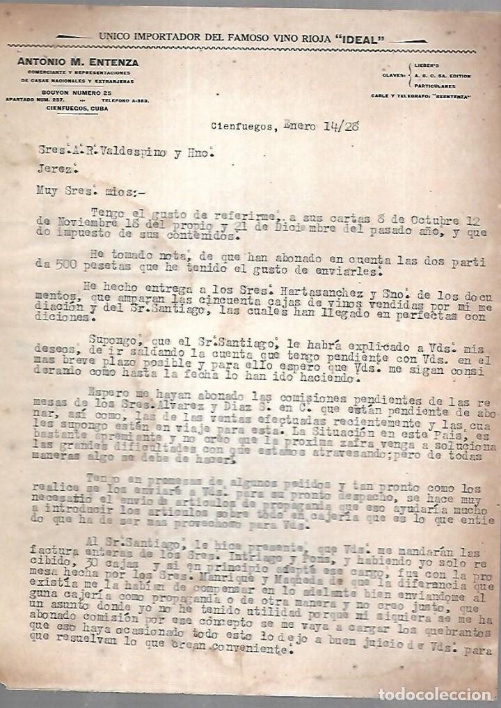 Lettere commerciali: CARTA COMERCIAL. 2 PAGINAS. ANTONIO M.ENTENZA. VINO RIOJA IDEAL. CIENFUEGOS, CUBA. 1928