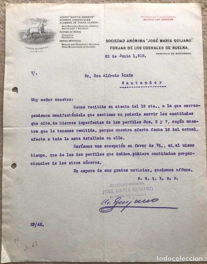 Cartas comerciales: Sociedad An&oacute;nima Jos&eacute; Mar&iacute;a Quijano - Forjas de los Corrales de Buelna (Santander) - A&ntilde;o 1918