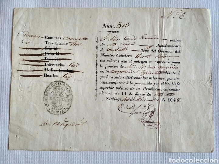Cartas comerciais: Justificante oficial, documento, para uso de pirot&eacute;cnia, Santiago de Compostela 1848, Galicia.