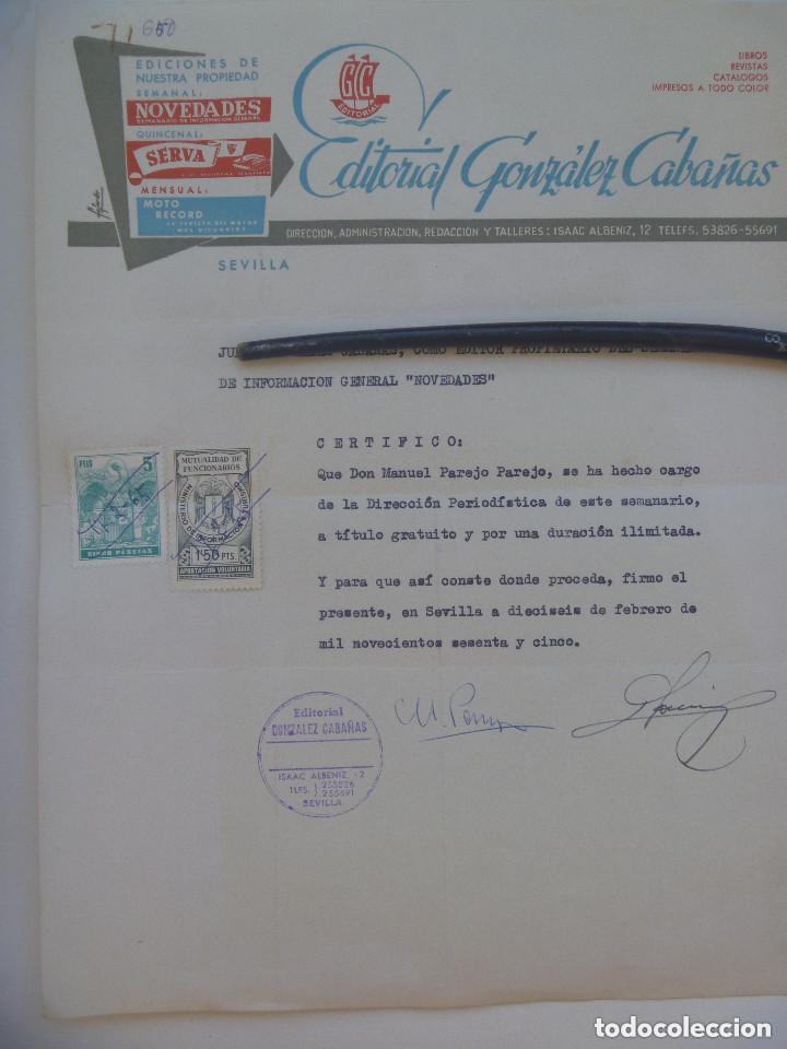 Lettres commerciales: CARTA DE EDITORIAL GONZALEZ CABA&Ntilde;AS: NOMBRAMIENTO DIRECTOR REVISTA NOVEDADES . SEVILLA, 1965. VI&Ntilde;ETA