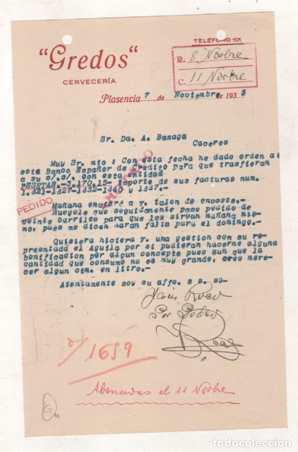 Cartas comerciales: Gredos. Cervecer&iacute;a. Plasencia. 1935