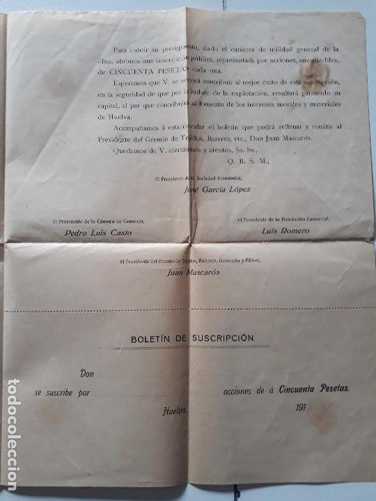 Lettere commerciali: Carta circular informativa procaptar accionistas para balneario en Huelva. Fechada en Huelva 1916
