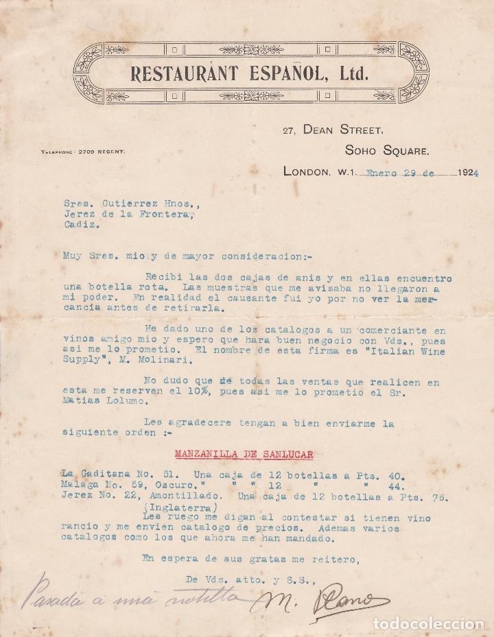 Cartas comerciales: Carta comercial. Restaurant Espa&ntilde;ol Ltd. London 1924