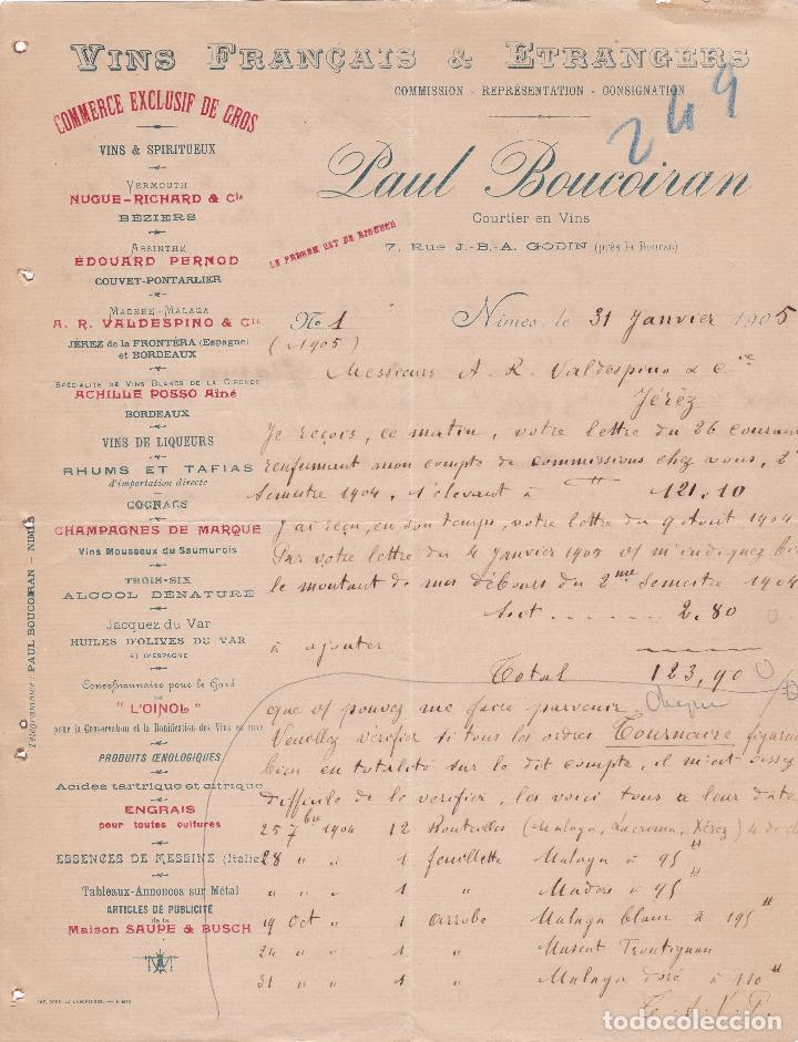 Cartas comerciales: Carta comercial. Paul Boucoiran. Vins Francais & Etrangers. Nimes 1905